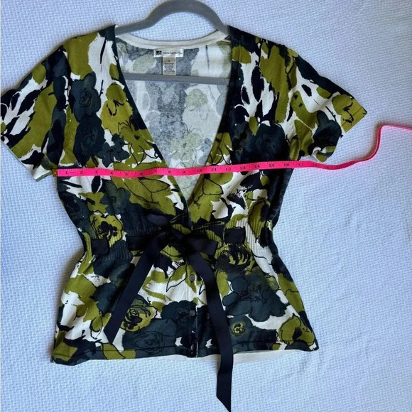 Valerie Bertinelli Sweater womens M Black Green Floral art shaggy tweed - Picture 9 of 9